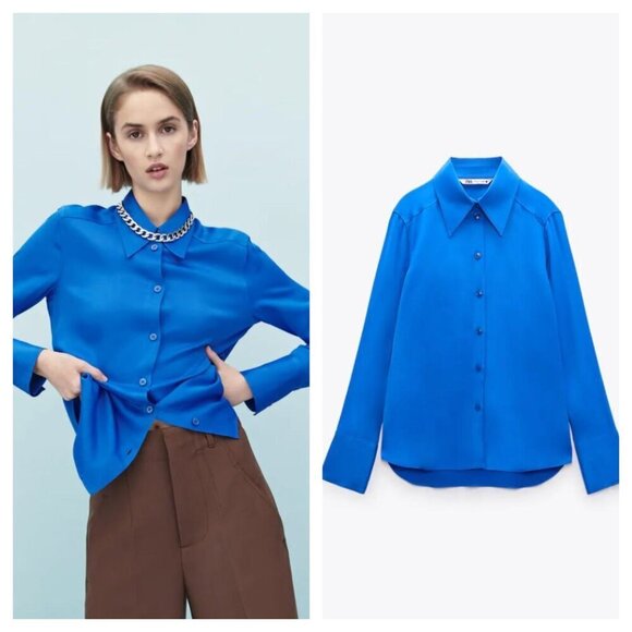 Zara Satin Effect Button Down Shirt Point Collar Long Sleeve Wide Cuff Blue S - Picture 1 of 10